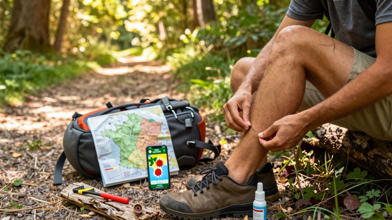 Persona aplicándose repelente de insectos en un sendero boscoso con mochila, mapa y móvil a su lado.