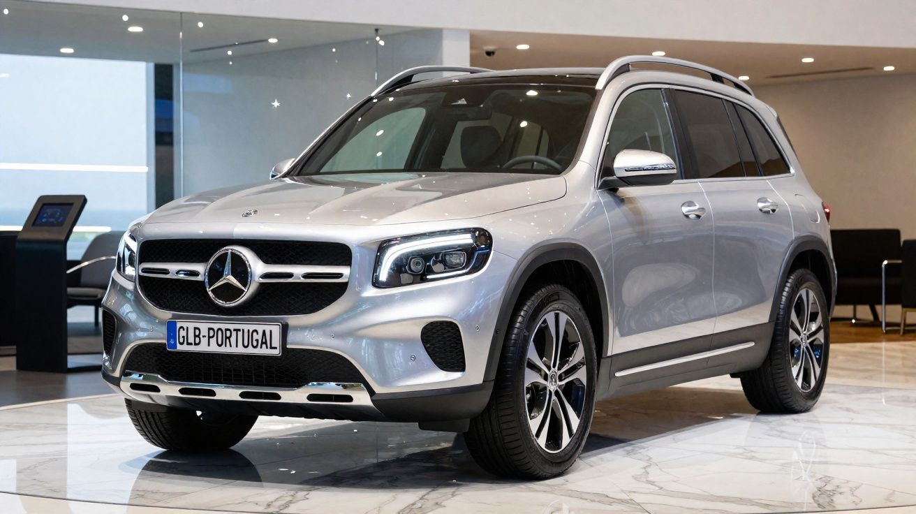 Coche Mercedes-Benz SUV plateado estacionado en un salón con suelo de mármol y matrícula GLB-Portugal.