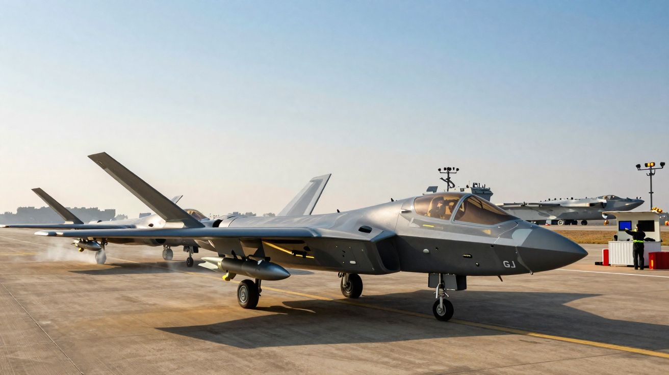 Avión caza militar moderno estacionado en pista de vuelo con otro avión y personal en segundo plano.