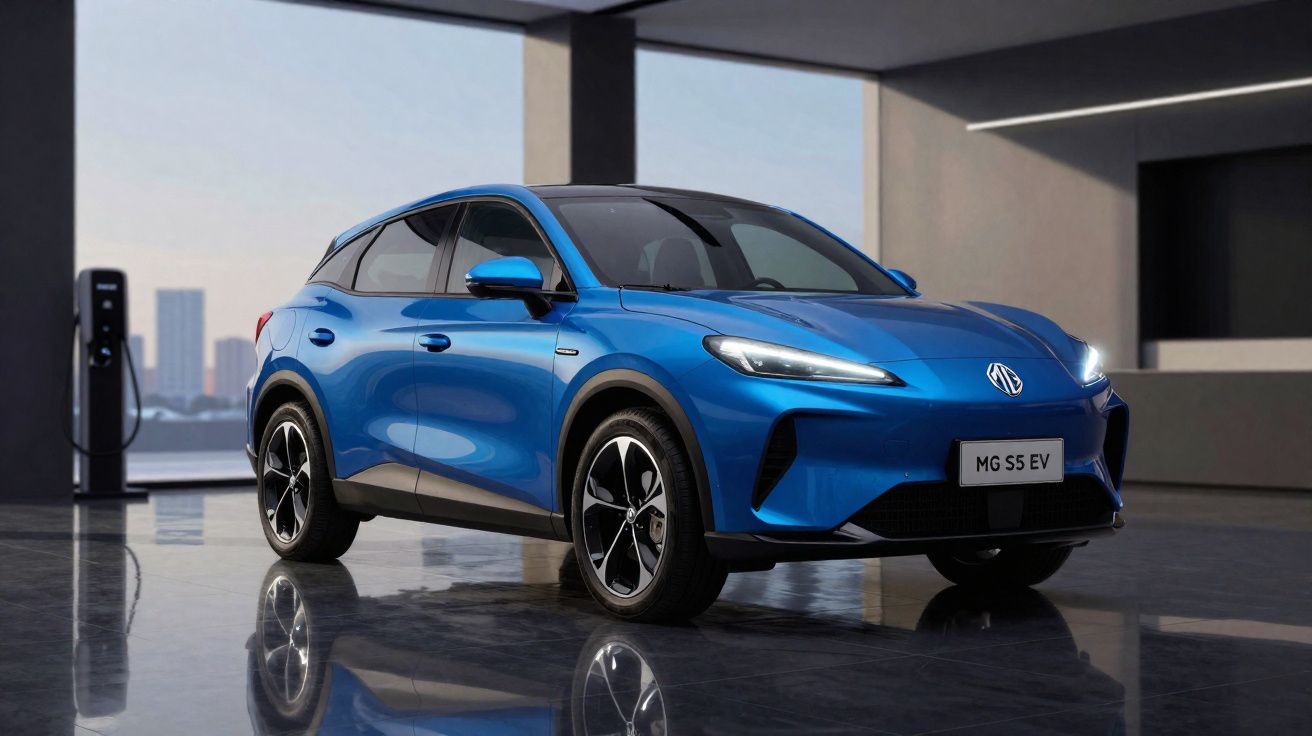 Coche eléctrico azul MG S5 EV estacionado en un garaje moderno con cargador eléctrico conectado.