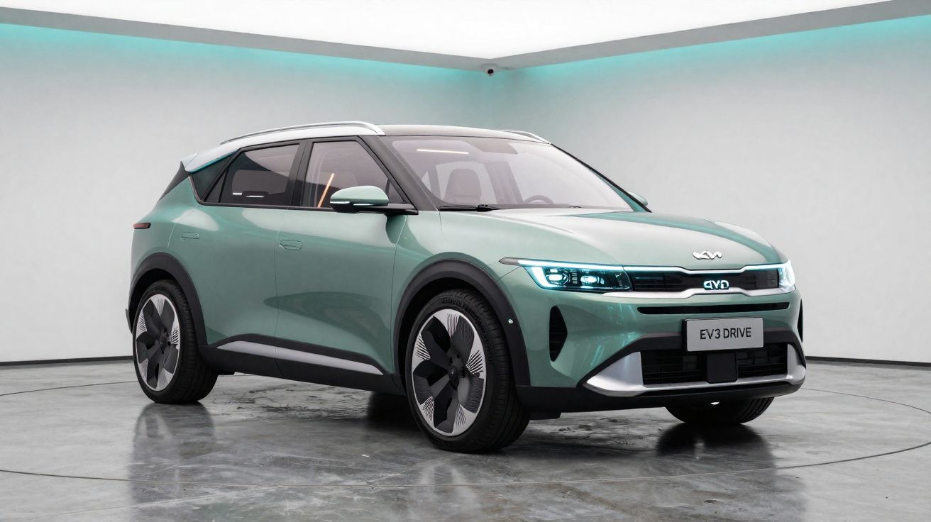 Coche eléctrico verde modelo EV3 DRIVE aparcado en sala blanca con suelo de cemento brillante.