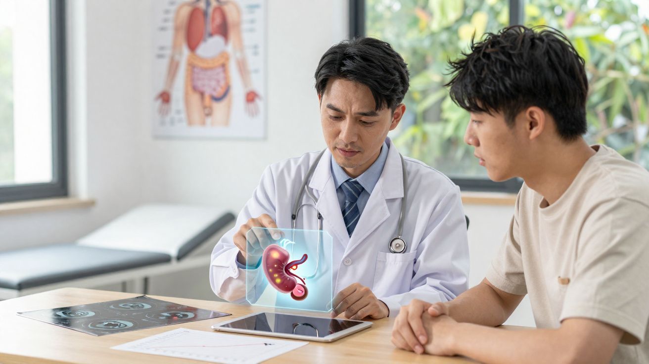 Doctor mostrando imagen holográfica de estómago a paciente en consulta médica.