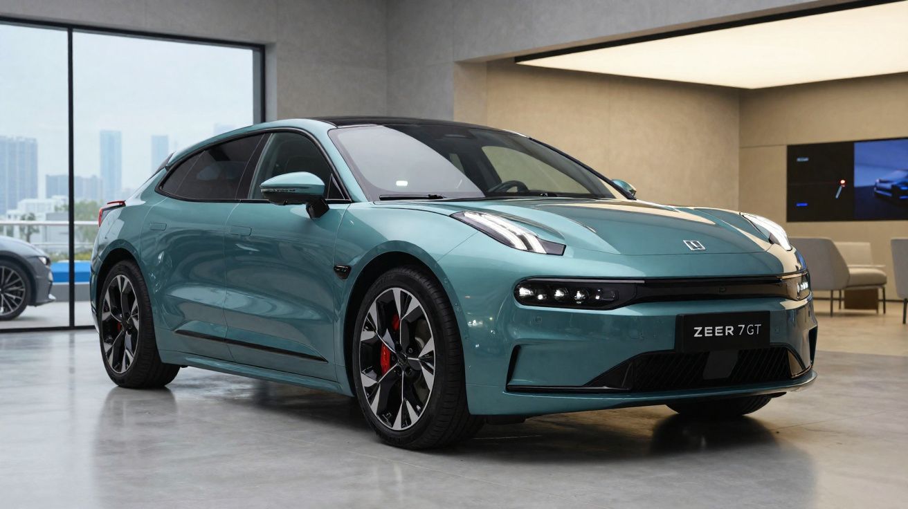 Coche eléctrico Zeer 7GT azul verdoso en exposición interior moderna con techo y ventanas grandes.