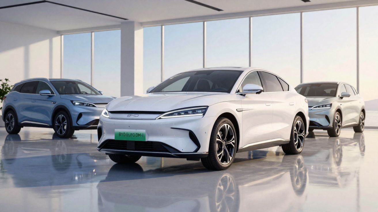 Tres coches eléctricos BYD modernos en un espacio interior amplio y luminoso con suelo reflectante.