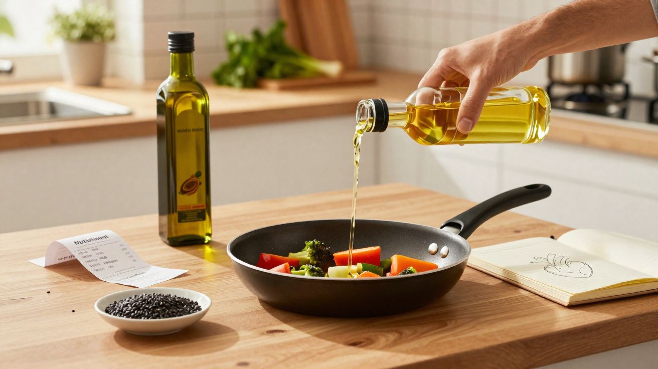 Mano vertiendo aceite en sartén con verduras frescas en cocina moderna sobre mesa de madera.