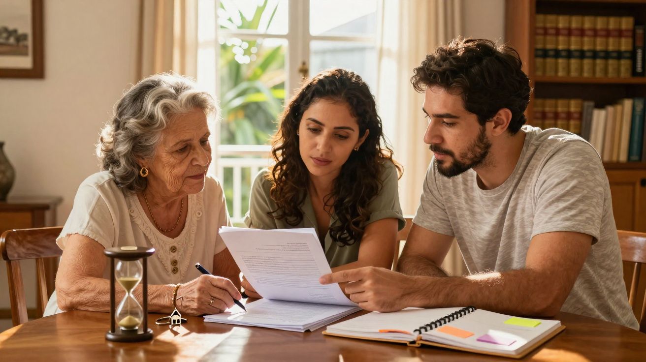 Tres personas revisan documentos juntos en una mesa en una habitación iluminada por la luz natural.