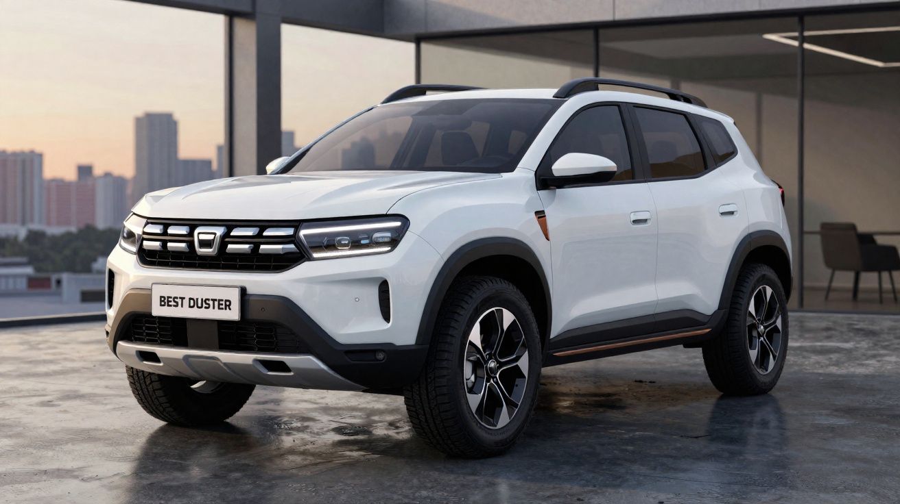 SUV blanco Dacia Best Duster estacionado en una azotea con edificio de oficinas de fondo al atardecer.