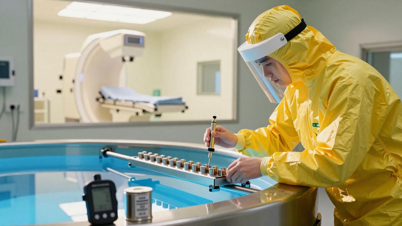 Persona con traje de protección ajustando equipos en un tanque de agua en laboratorio con máquina médica al fondo.