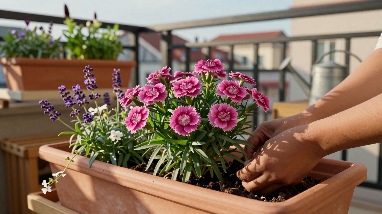 Manos plantando flores rosas y lavanda en maceta de terraza con luz natural.