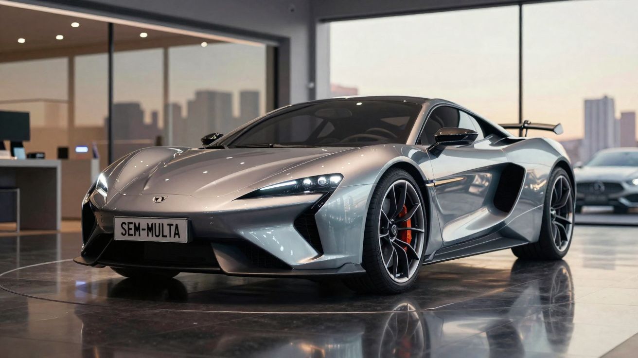 Coche deportivo plateado con matrícula SEM-MULTA aparcado en un concesionario moderno con ventanales grandes.