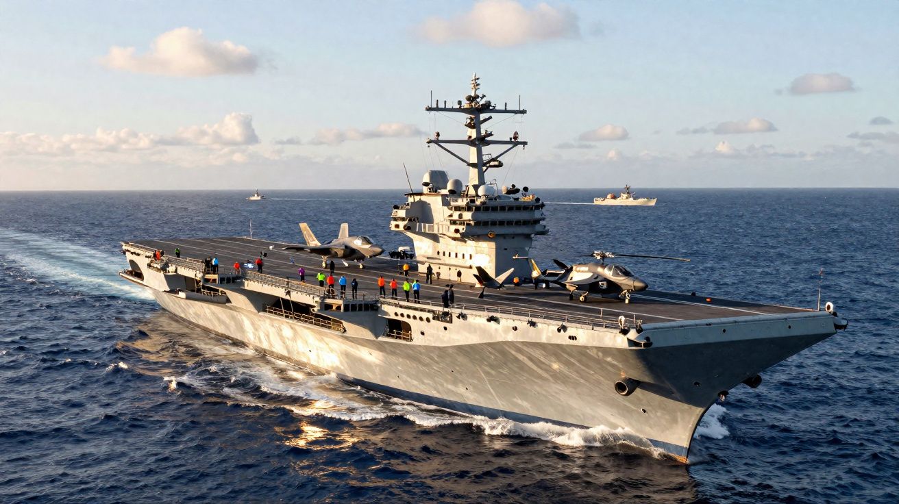 Portaaviones en el mar con aviones y helicópteros en cubierta durante un día despejado.
