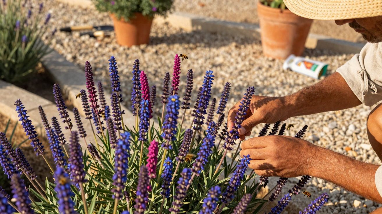 Hombre recolectando flores moradas y rosas en un jardín con suelo de grava y plantas en macetas.