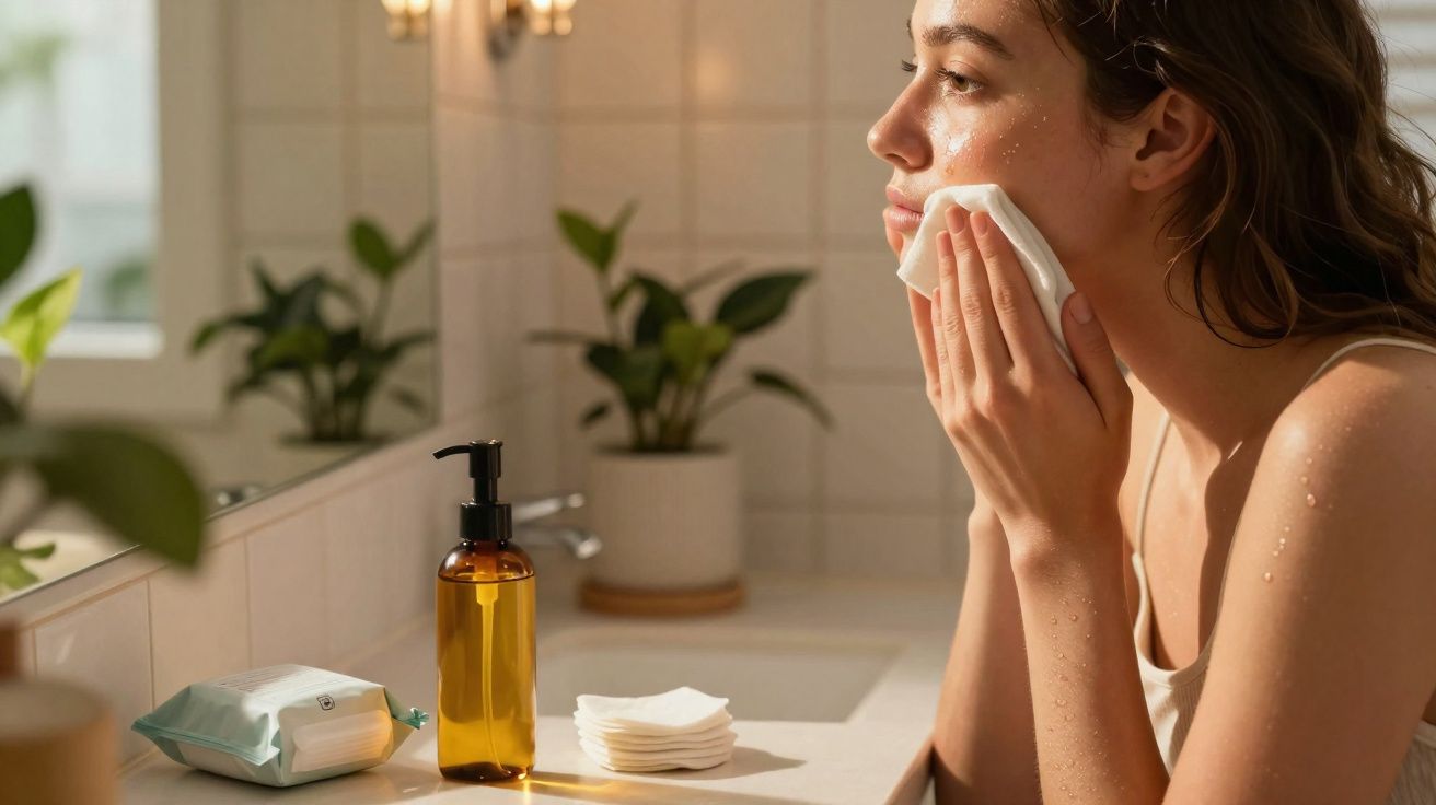 Mujer seca su rostro con una toallita blanca frente al lavabo en un baño iluminado naturalmente.