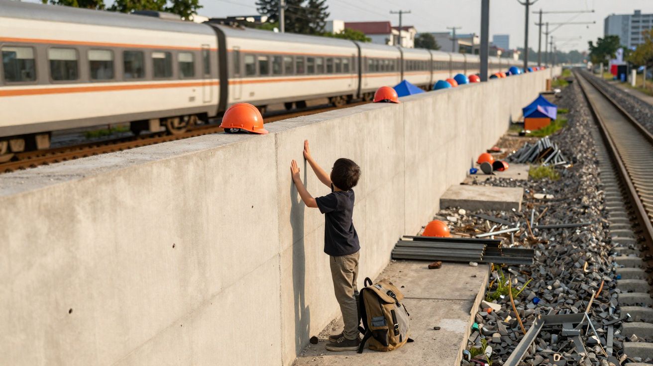 Niño con mochila toca muro de obra junto a vías de tren con casco naranja y tren en movimiento al fondo.