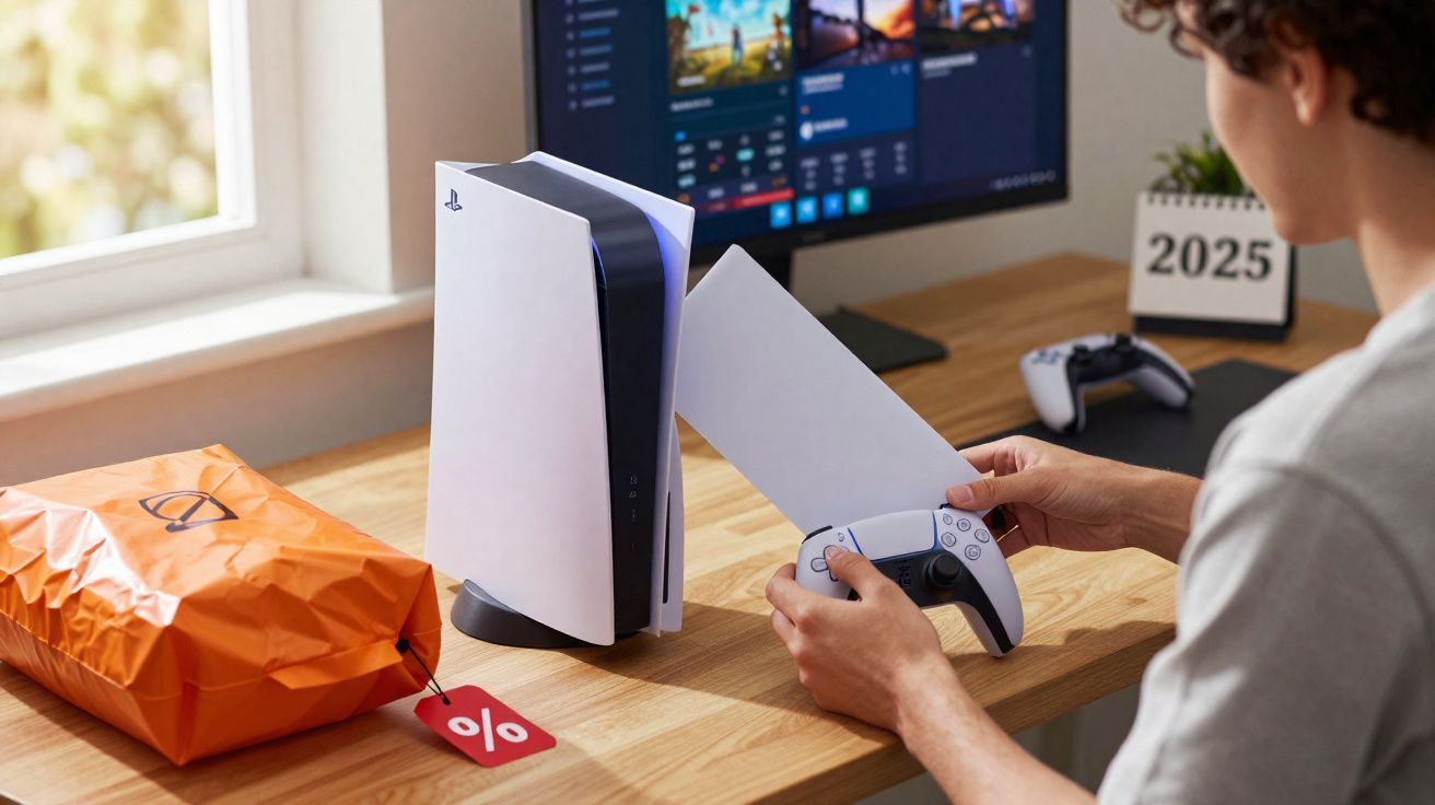 Consola PlayStation 5 con mando y monitor en escritorio, persona sosteniendo guía, paquete naranja con etiqueta de descuento.