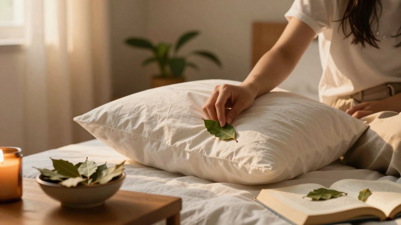 Persona colocando una hoja de laurel sobre una almohada en una habitación con luz natural y un libro abierto.