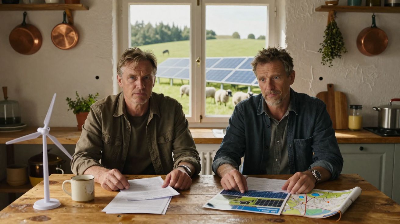 Dos hombres sentados en una mesa con documentos, modelo de molino y paneles solares visibles en la ventana.