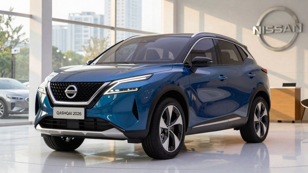 Coche Nissan Qashqai 2026 azul exhibido en un concesionario moderno con logotipo Nissan en la pared.
