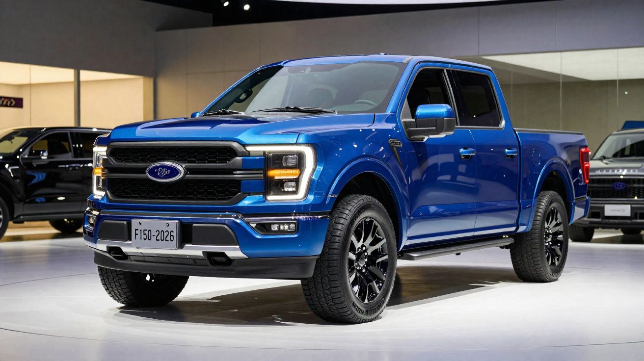 Camioneta Ford F-150 azul exhibida en un salón del automóvil con detalles negros y luces encendidas.