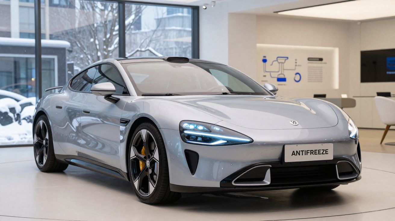 Coche eléctrico deportivo gris plateado en exhibición interior con luces delanteras encendidas.