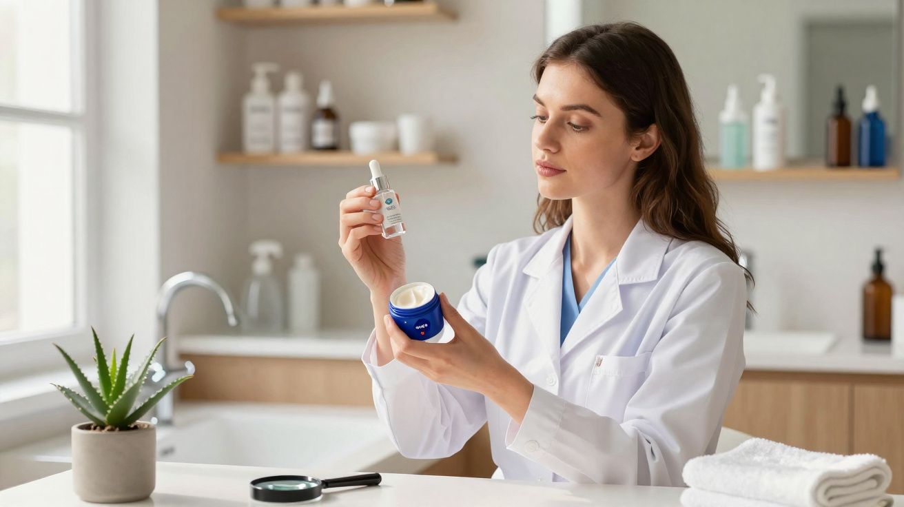 Mujer con bata blanca sostiene frascos de productos cosméticos en laboratorio moderno y luminoso.