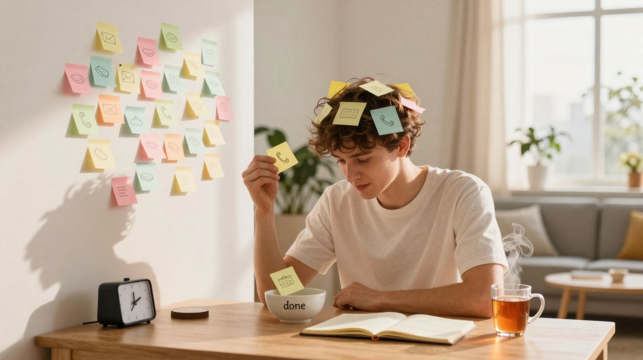 Joven con múltiples notas adhesivas en la cabeza y mesa, frente a cuaderno abierto y taza de té humeante.