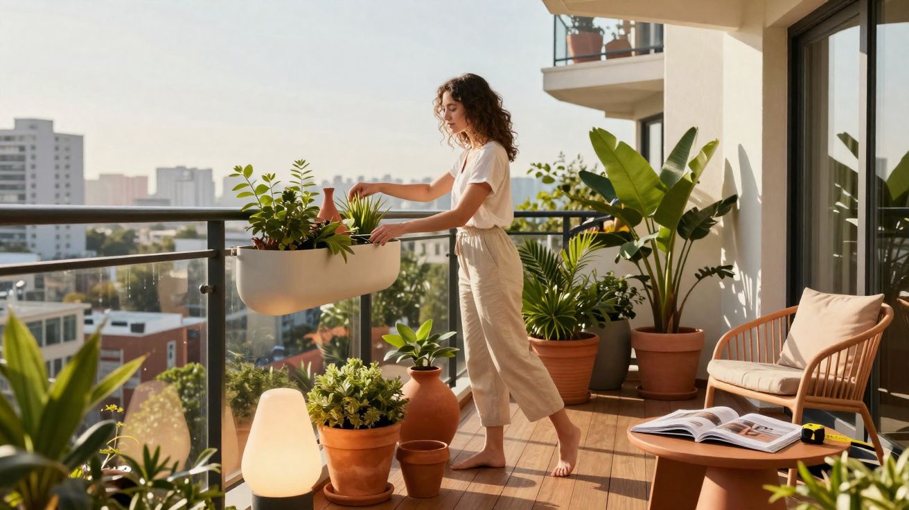 Mujer cuidando plantas en balcón soleado con mobiliario de jardín y ciudad al fondo.