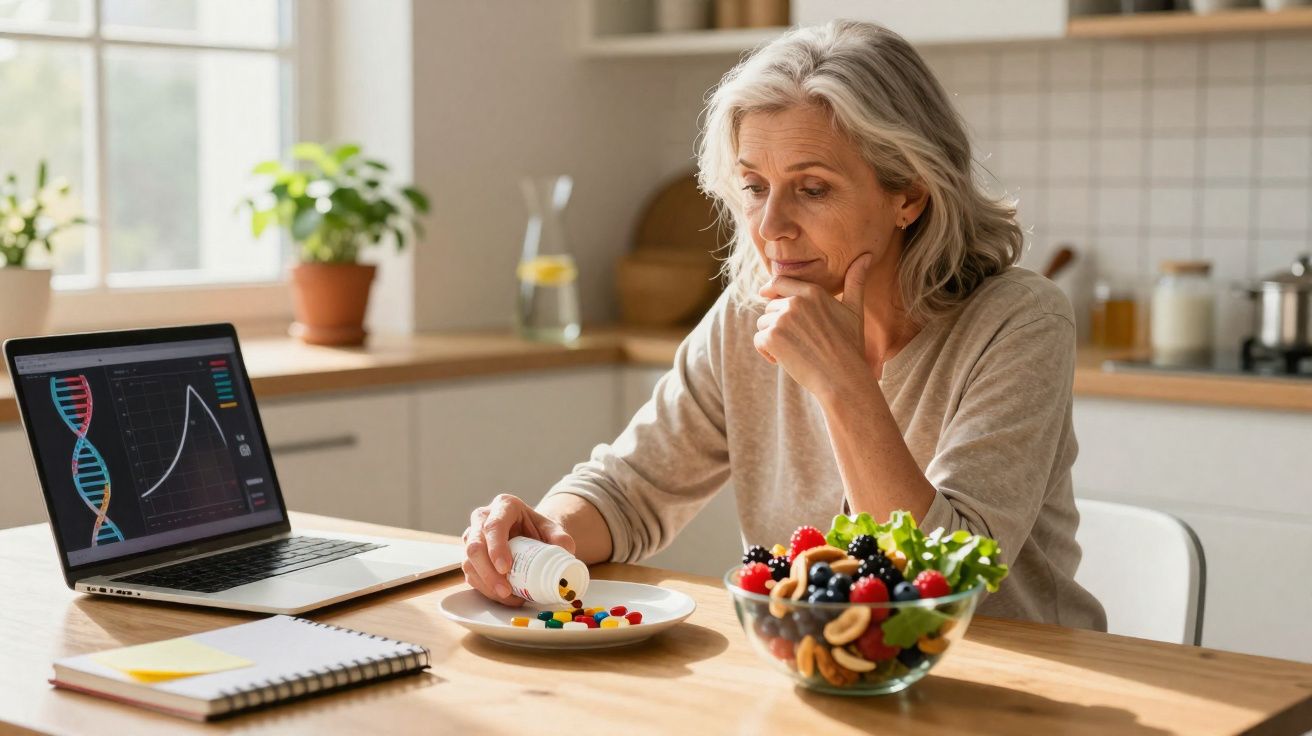 Mujer mayor piensa al tomar pastillas frente a bol de frutas y portátil con gráfico de ADN y salud en cocina.