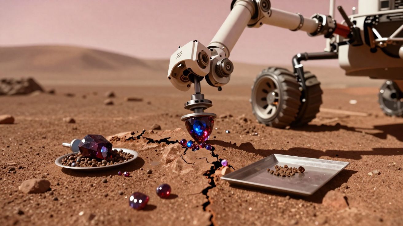 Brazo robótico de un rover extrayendo muestras del suelo marciano en un paisaje árido y polvoriento.