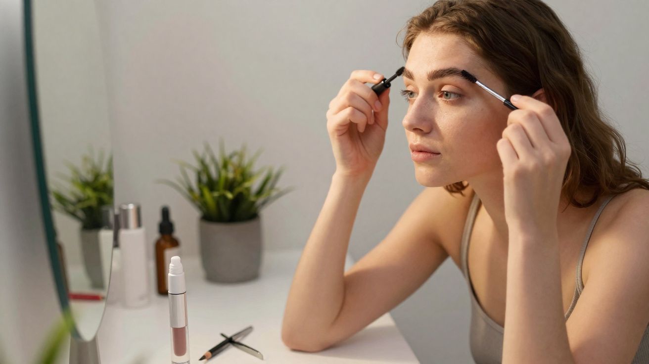 Mujer aplicándose maquillaje en las cejas frente a un espejo, con productos de cosmética y plantas en el fondo.