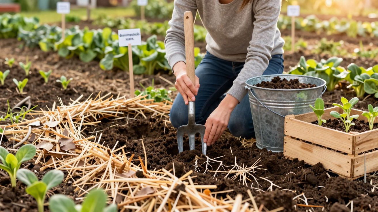 Persona plantando semillas en un huerto con herramientas, tierra y plantas jóvenes alrededor.