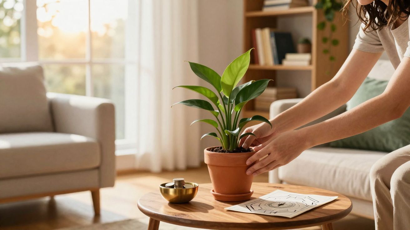 Manos colocando planta en maceta sobre mesa de centro en salón con sofás y luz natural.