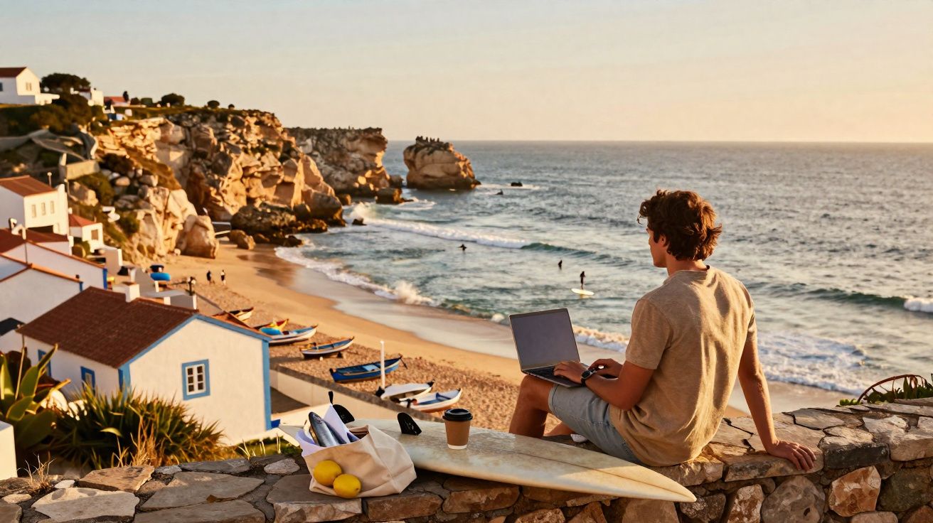 Joven con portátil junto a tabla de surf observa la playa con barcas y acantilados al atardecer.