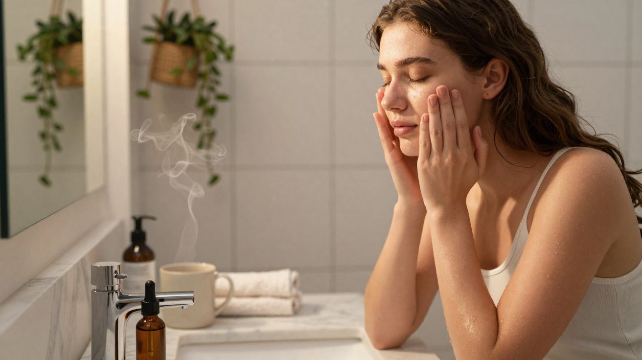 Mujer joven aplicándose crema facial junto al lavabo en baño iluminado, con toallas y planta decorativa.