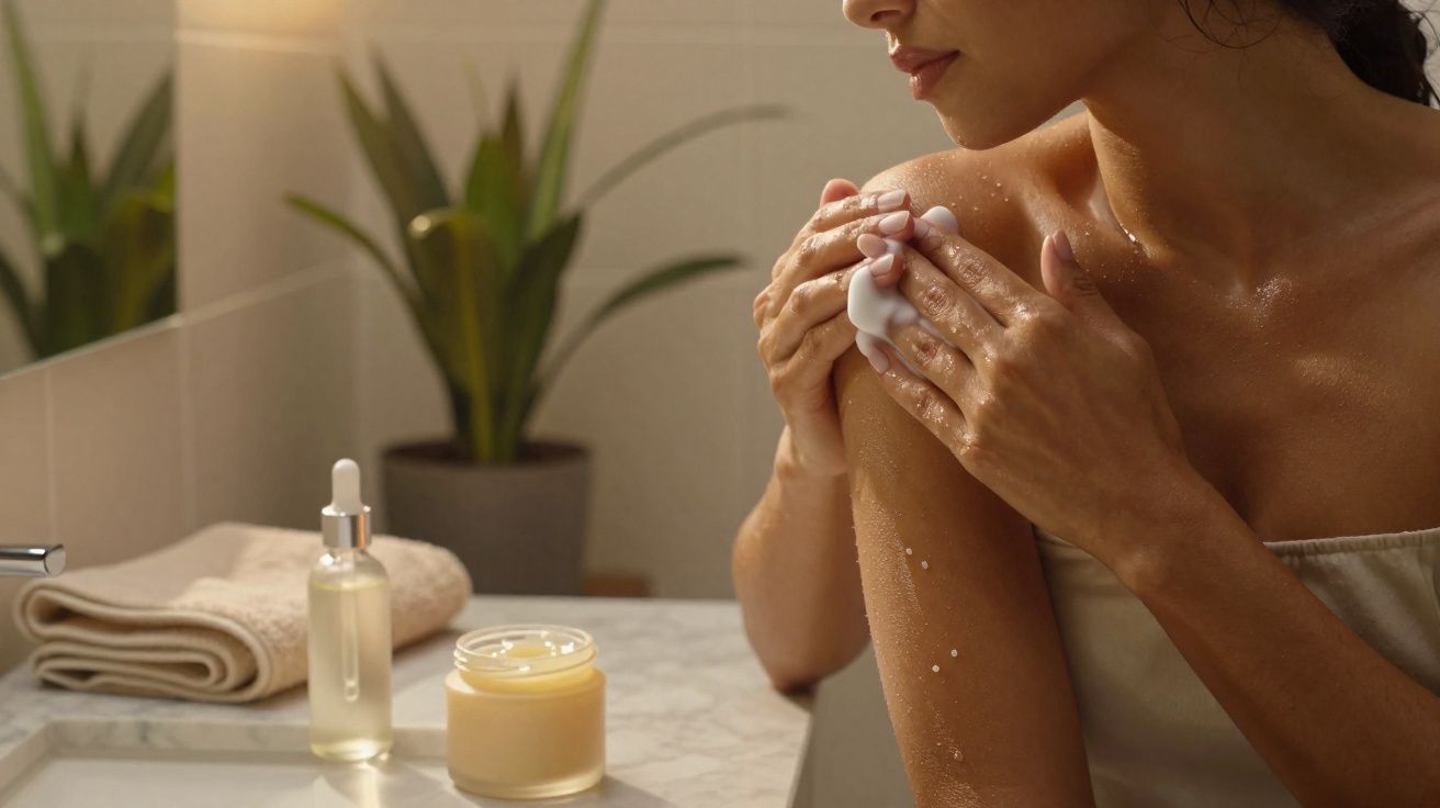 Mujer aplicando crema hidratante en el hombro en un baño con plantas y toallas al fondo.