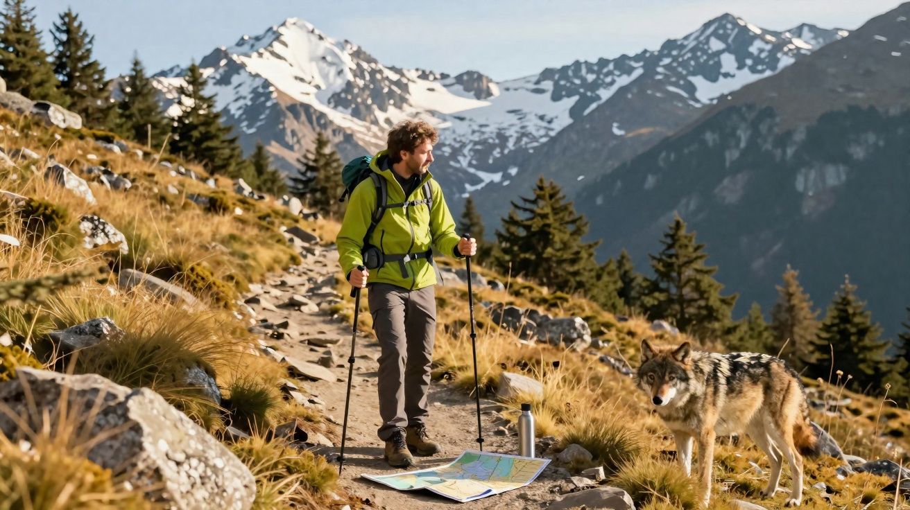 Senderista con chaqueta verde y mochila consulta un mapa en montaña con paisaje nevado junto a un lobo.
