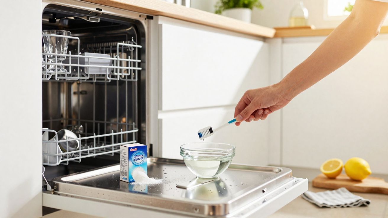 Mano con cepillo de dientes mojado en bol de agua junto a lavavajillas abierto con bicarbonato en cocina.