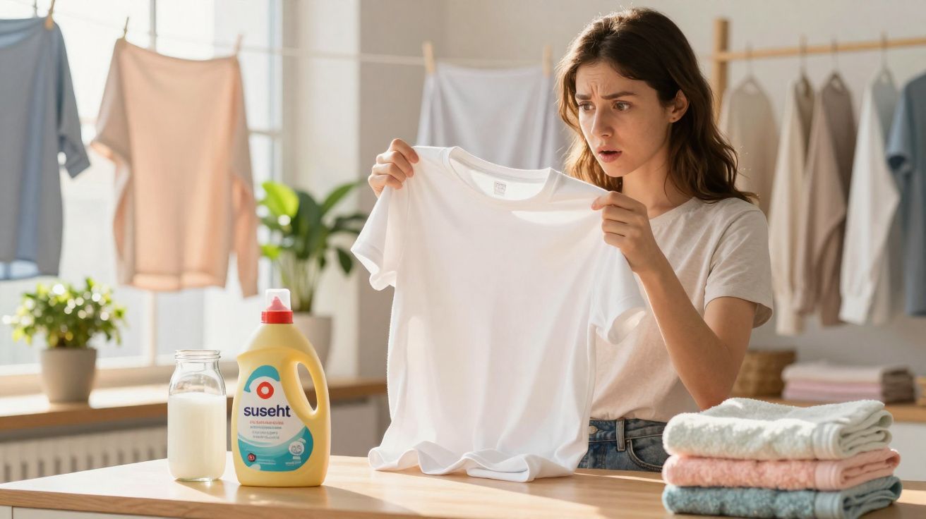 Mujer observa desconcertada una camiseta blanca recién lavada, con detergente y ropa doblada cerca.
