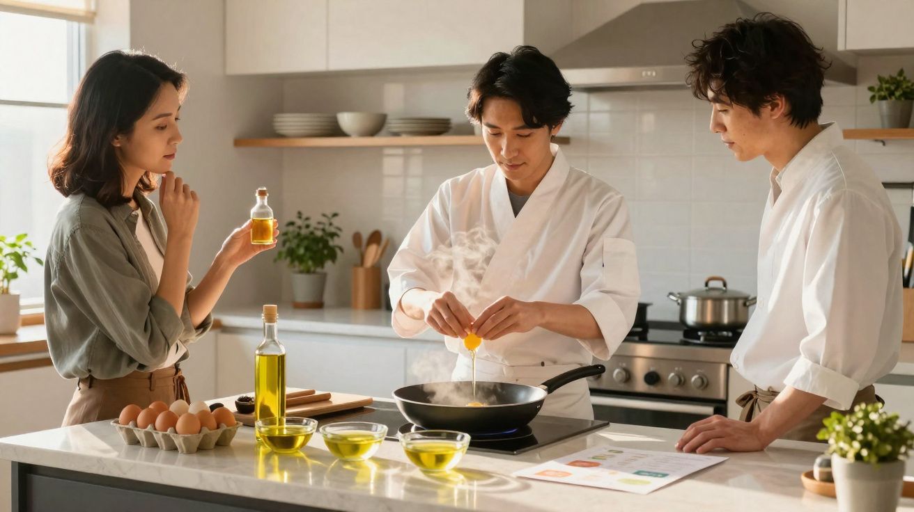 Tres personas en cocina profesional preparando receta con ingredientes y aceite sobre encimera iluminada por luz natural.