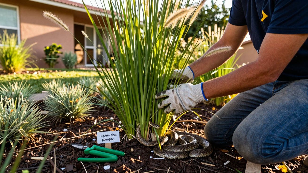 Persona recogiendo una planta llamada "capim-das pampas" en un jardín con una serpiente entre las hojas.