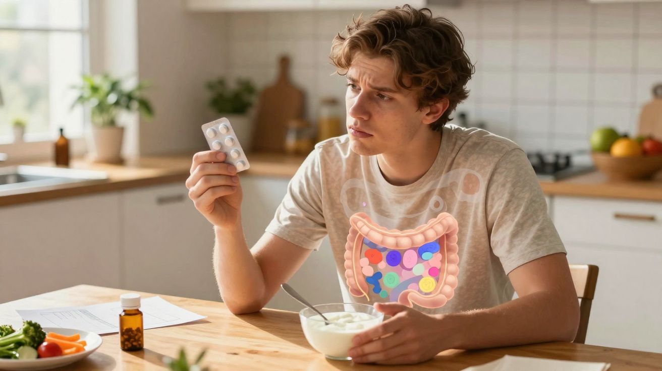 Joven con expresión pensativa sostiene pastillas en la mano, con ilustración del intestino visible en su torso.