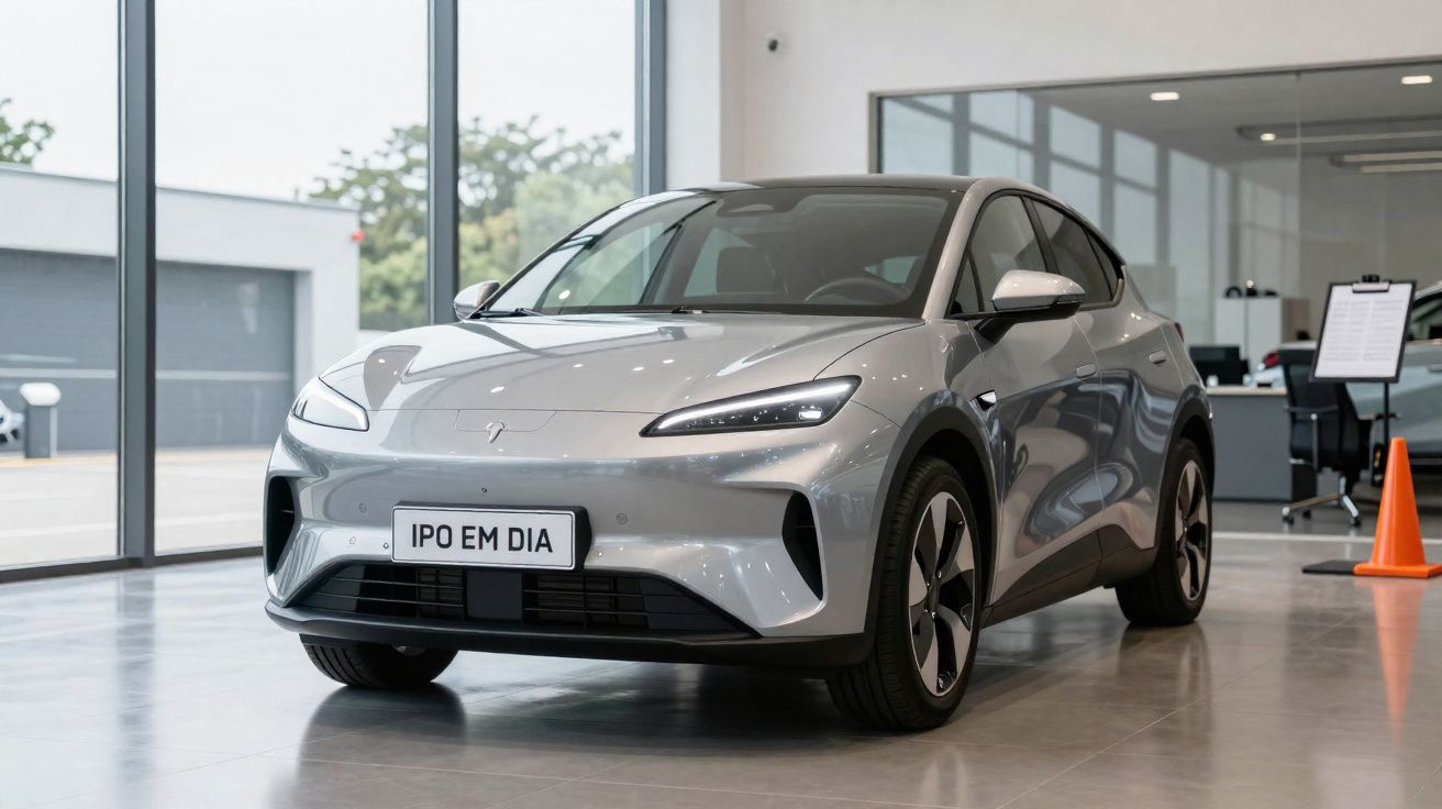 Coche eléctrico moderno de color plata en exposición interior con gran ventanal y señal naranja al fondo.