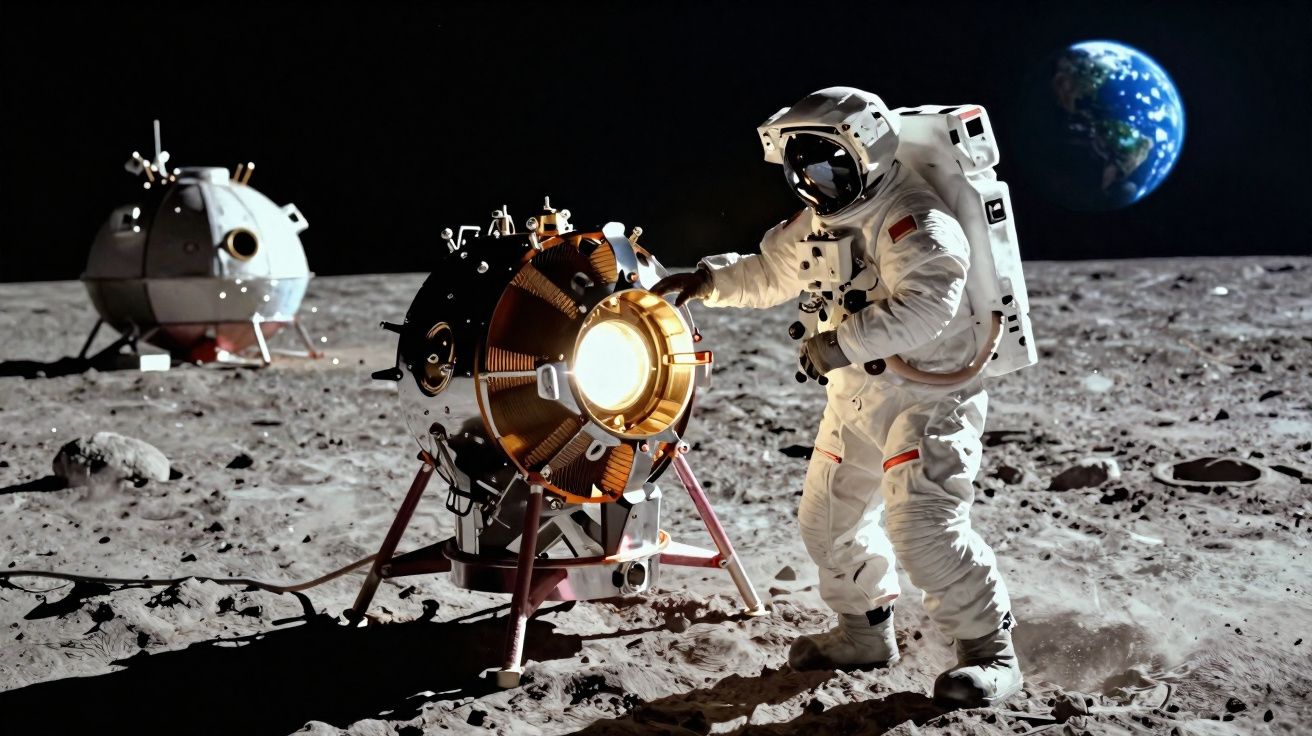 Astronauta en la superficie lunar junto a un equipo científico con la Tierra visible al fondo.
