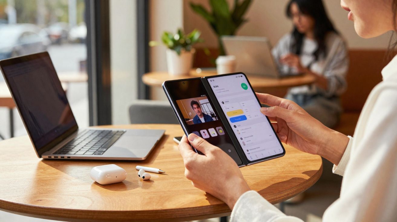 Persona usando teléfono plegable con videollamada junto a portátil y auriculares en mesa de café.
