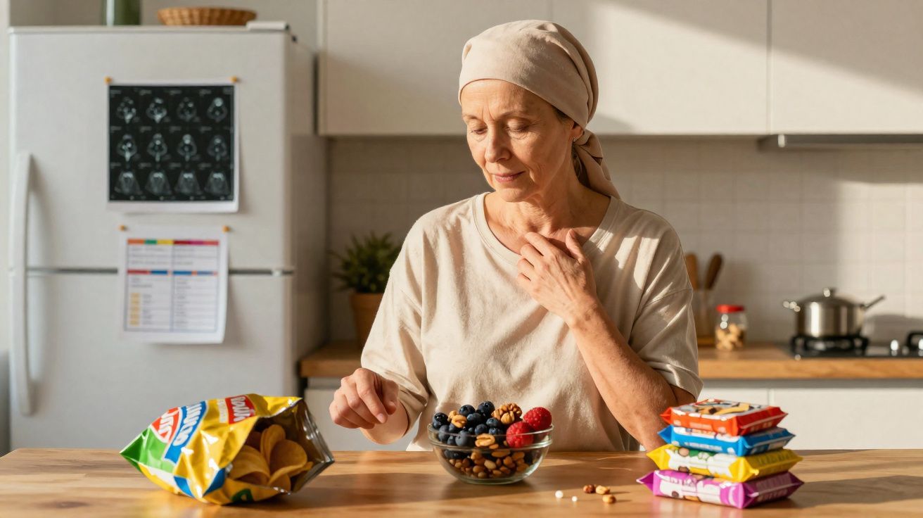 Mujer con pañuelo en la cabeza sentada en cocina con tazón de frutos secos y fruta, y aperitivos en la mesa.