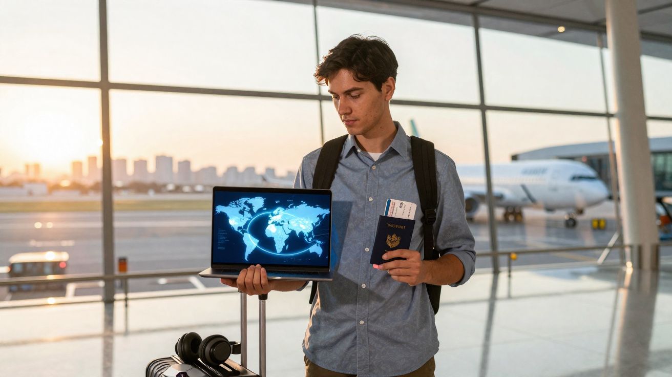 Joven en aeropuerto con mochila, pasaporte y portátil mostrando mapa de rutas aéreas.