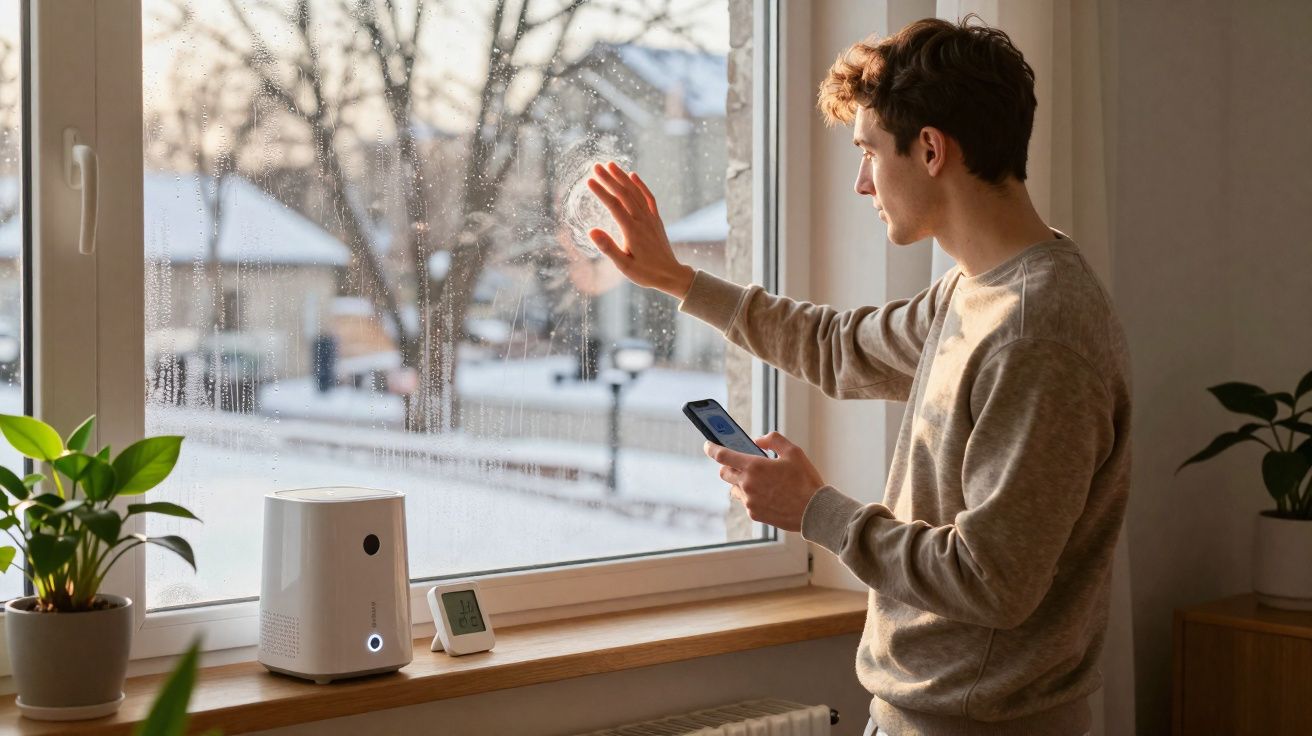 Joven tocando una ventana empañada sosteniendo un móvil en una habitación con plantas y dispositivos.
