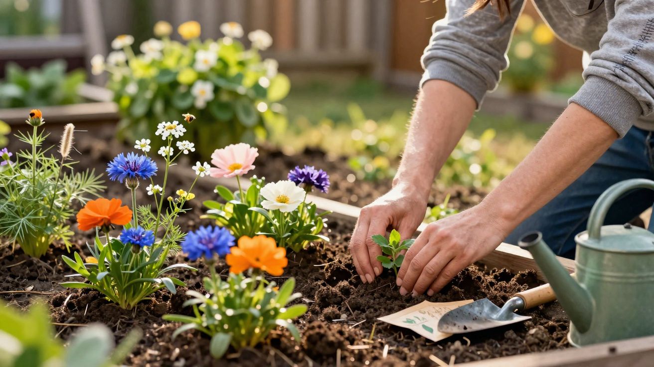 Persona plantando flores en un jardín de flores multicolores bajo luz natural intensa.