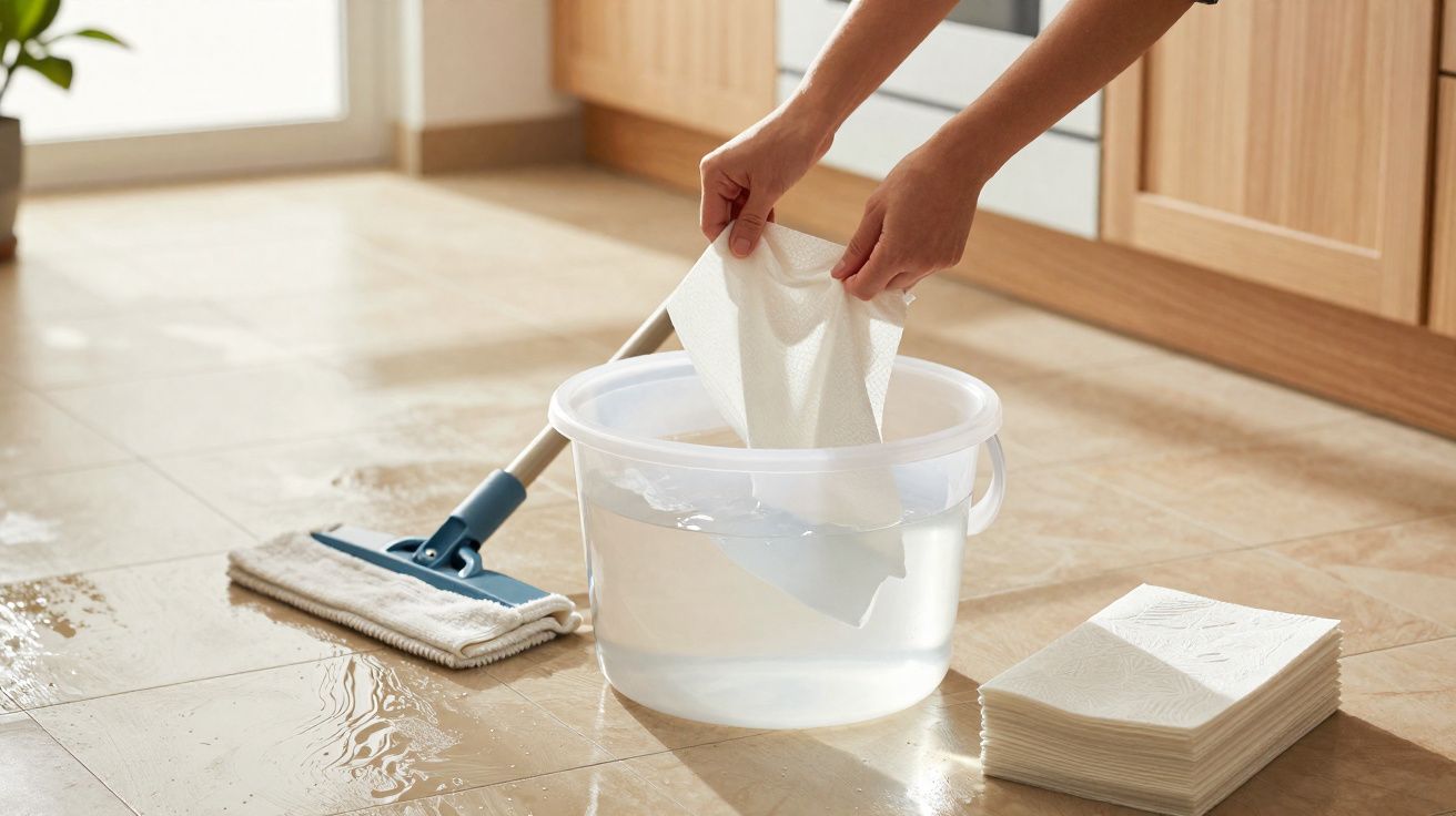 Manos mojando un paño en un cubo de agua para fregar un suelo de baldosas claras.