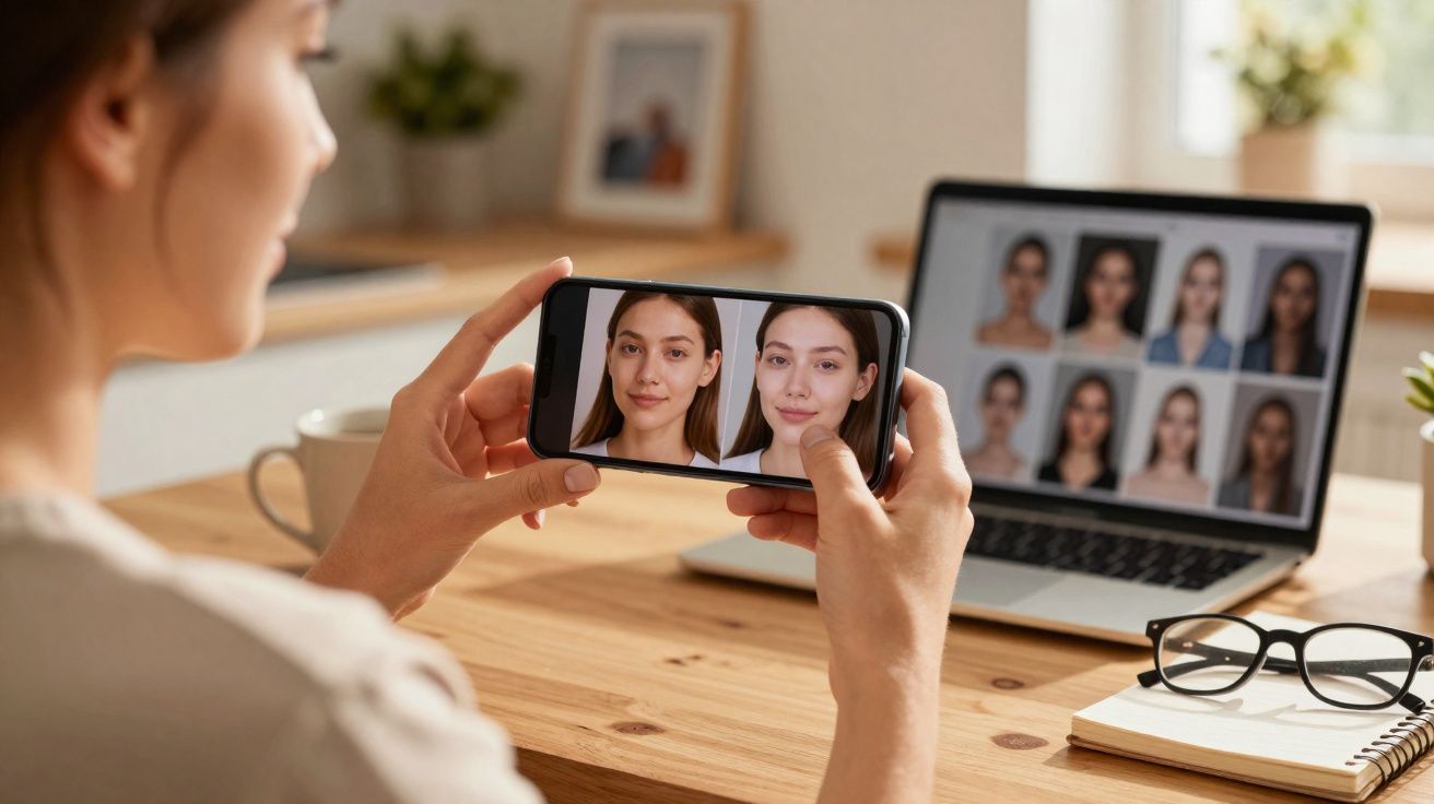 Persona comparando dos retratos en el móvil mientras trabaja con fotos en un ordenador portátil.